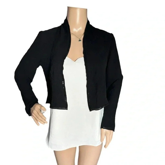 EILEEN FISHER 100% Silk Open Front Sheer Blouse Black Sequin Trim Elegant Crop - Picture 2 of 13